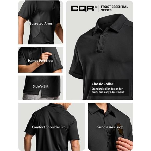 Men's Black Polo Shirts, Tactical Short Sleeve‎ Golf Performance Sports T-Shirts - Picture 7 of 7